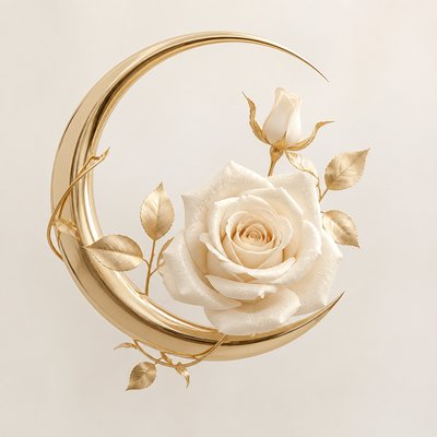 a rose entwined with a crescent moon, clean balanced composition on a plain background, no text