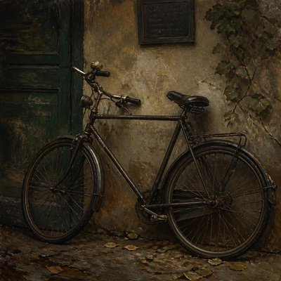 bicyle resting against a wall — Munich School Art Style