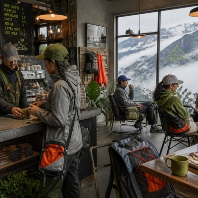 cozy cafe interior with warm lighting