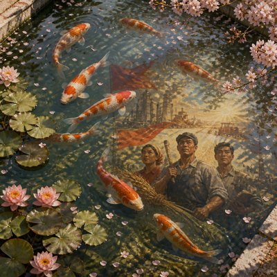 A koi pond seen from above, orange and white koi fish swimming among lily pads, clear water with subtle ripples, fallen cherry blossom petals floating on the surface, dappled sunlight