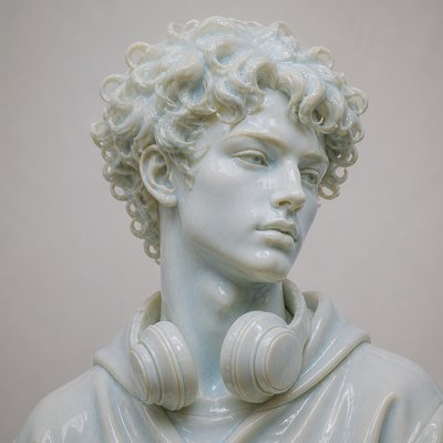 head-and-shoulders portrait of an original character: a young man with curly dark hair and headphones around his neck, plain backdrop, no text