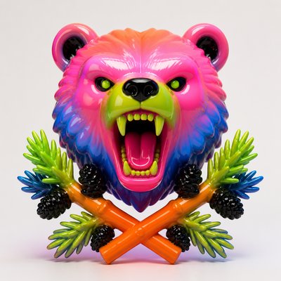a roaring bear head above crossed pine branches, bold graphic composition on a plain background, no text
