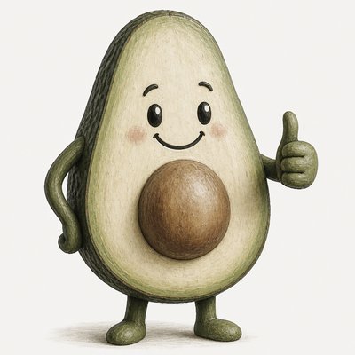 a happy avocado character giving a thumbs up, bold readable design on a plain background, no text