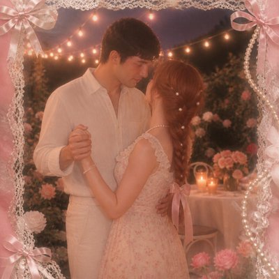 an original couple dancing under string lights in a garden at dusk: a man with short black hair in a linen shirt and a woman with braided red hair in a summer dress