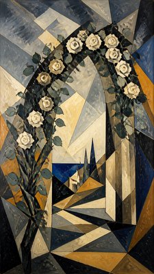 an arch of white roses and eucalyptus in soft morning light, elegant vertical composition with open space, no text