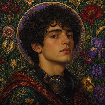 head-and-shoulders portrait of an original character: a young man with curly dark hair and headphones around his neck, plain backdrop, no text