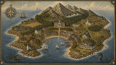 a map of an island realm with mountains, forests, a sheltered bay, sea monsters in the water and a compass rose, no text labels