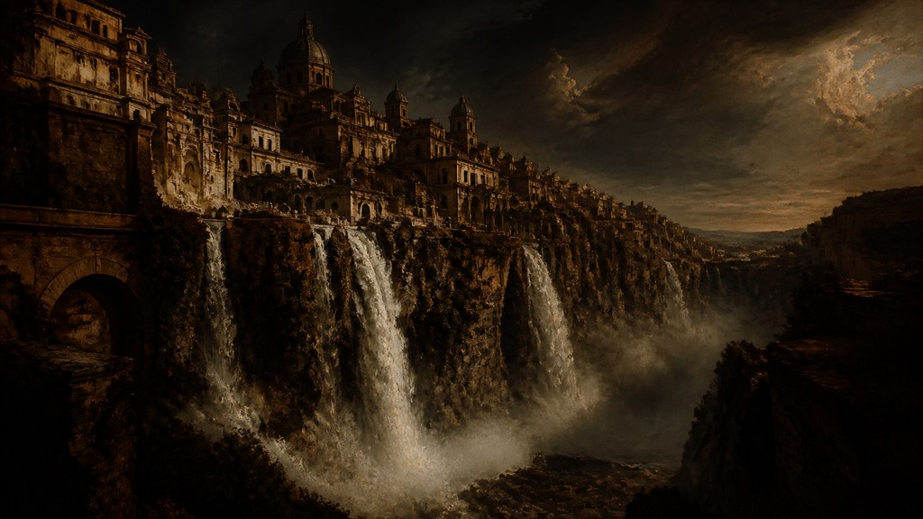 a cliffside city with waterfalls cascading into a misty canyon, wide establishing shot, no people, no text