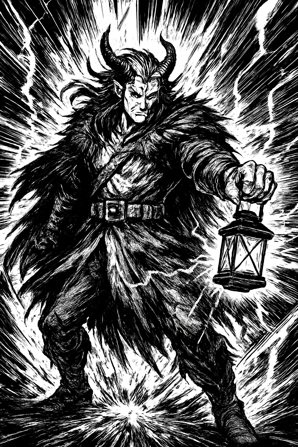 a black and white drawing of a demon holding a lantern