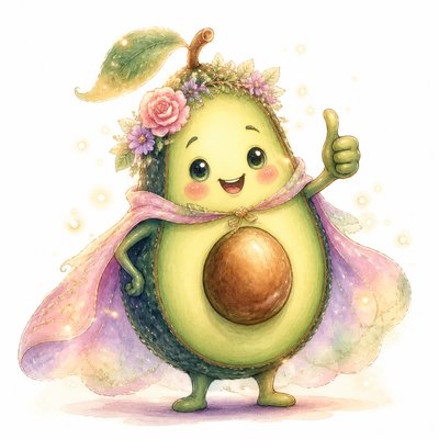 a happy avocado character giving a thumbs up, bold readable design on a plain background, no text
