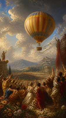 a hot air balloon drifting over rolling flower fields on a sunny day, cheerful, no text