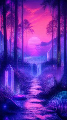 a mysterious forest path with fireflies and drifting mist, atmospheric vertical composition with open space at the top, no text
