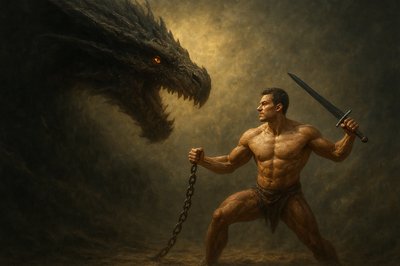 a painting of a man with a sword and a dragon