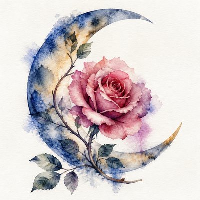 a rose entwined with a crescent moon, clean balanced composition on a plain background, no text