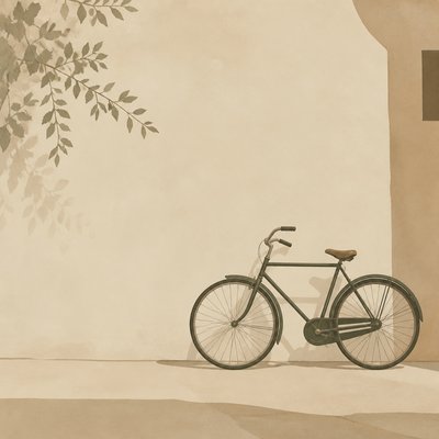 bicyle resting against a wall