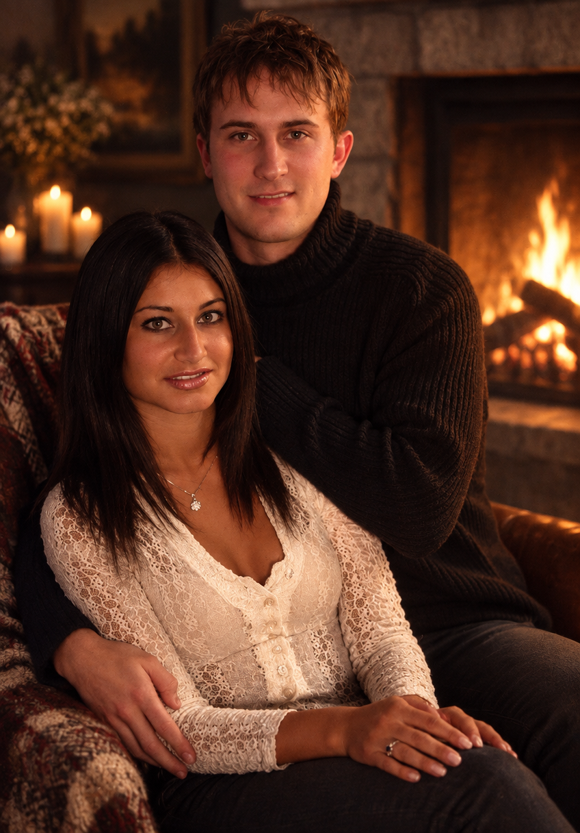 a man and a woman sitting on a couch in front of a fireplace