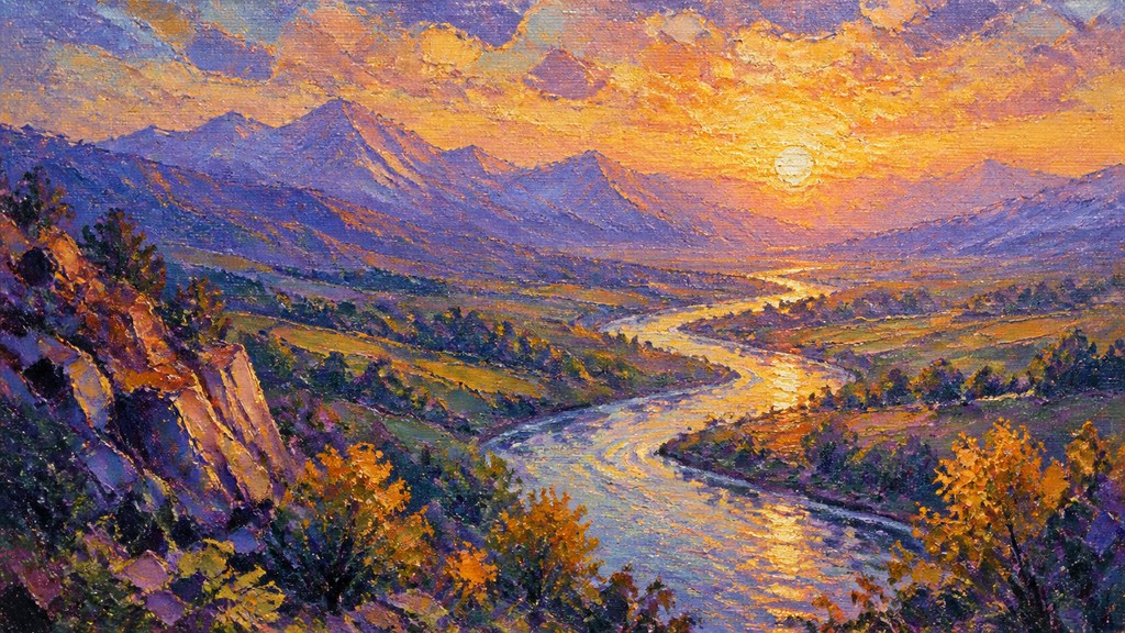 a vast valley with a river winding toward distant mountains at sunrise, no people, no text