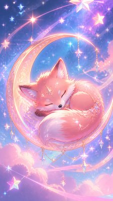 a sleeping baby fox curled on a crescent moon among soft stars, gentle and warm, no text