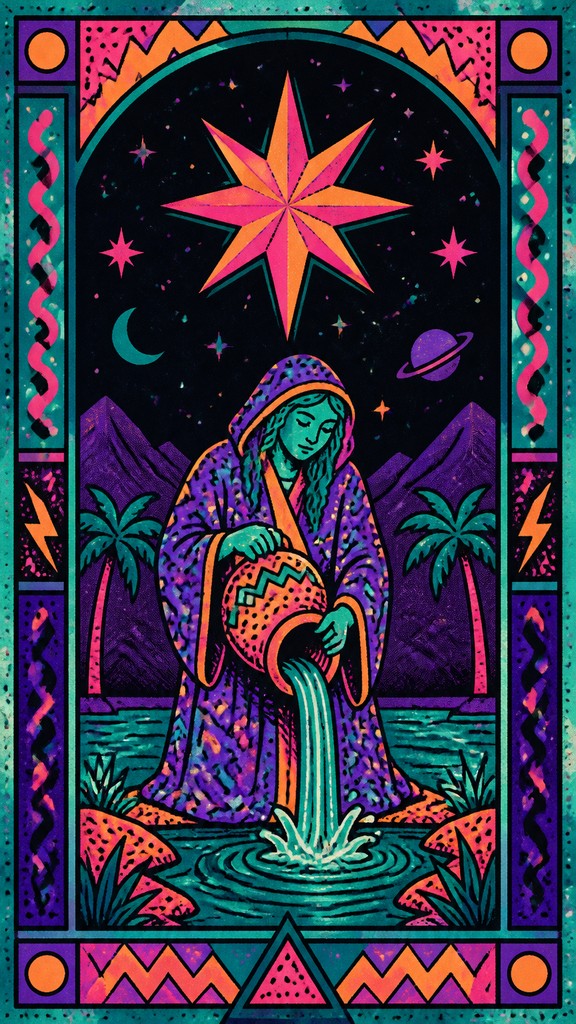 a robed figure pouring water beneath a large eight-pointed star in a night sky, symmetrical composition with an ornate decorative border, no text