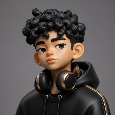 head-and-shoulders portrait of an original character: a young man with curly dark hair and headphones around his neck, plain backdrop, no text
