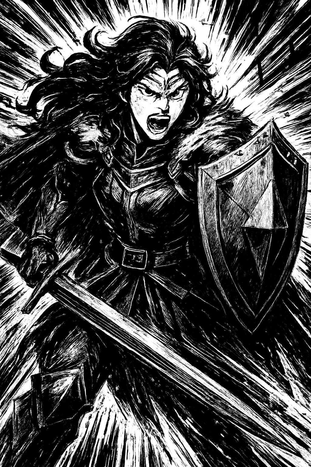 a black and white drawing of a woman holding a sword
