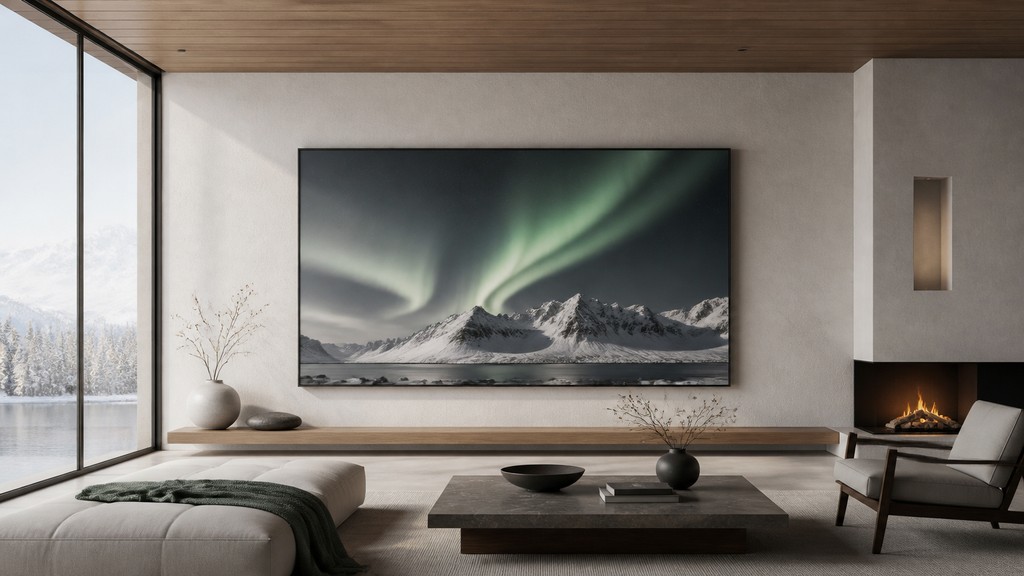 a flowing aurora over snowy peaks, wide sweeping composition, no people, no text