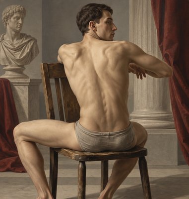 a painting of a man sitting on a chair