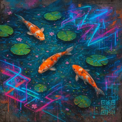 A koi pond seen from above, orange and white koi fish swimming among lily pads, clear water with subtle ripples, fallen cherry blossom petals floating on the surface, dappled sunlight