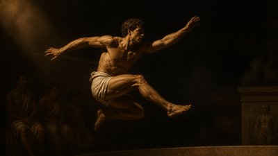 ancient greek athlete jumping mid air