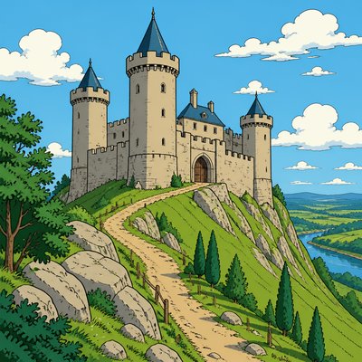 a stone castle with round towers on a green hilltop under scattered clouds, no people