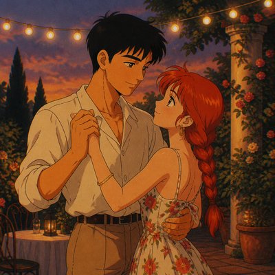 an original couple dancing under string lights in a garden at dusk: a man with short black hair in a linen shirt and a woman with braided red hair in a summer dress