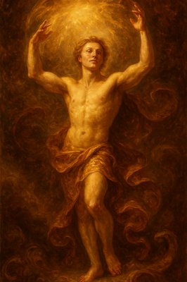 a painting of a man with his hands in the air