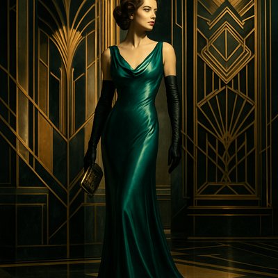 A statuesque woman dressed in high-fashion 1930s Great Depression era glamour, imbued with a strong Art Deco aesthetic. She stands confidently, showcasing a bias-cut evening gown of shimmering silk or satin in a rich jewel tone (e.g., emerald green, sapphire blue, ruby red, or metallic silver/gold). The gown features an elongated, sleek silhouette, perhaps a dramatic cowl neck, a plunging back, or subtle shoulder pads. Her hair is styled in soft, sculpted finger waves. She wears elegant, long gloves and carries a small, decorative clutch bag. The background is a sophisticated Art Deco interior, perhaps with geometric patterns, polished chrome details, and ambient, dramatic lighting, or she stands against a backdrop of Art Deco skyscraper architecture. The overall mood is one of sophistication, elegance, and timeless allure."