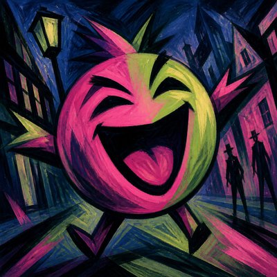 an exaggerated laughing face of an original round mascot character, bold and readable at small size, plain background, no text