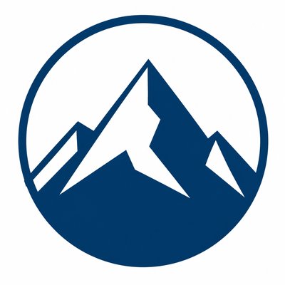 an emblem of a mountain peak inside a circle, simple bold shapes on a plain background, no text or lettering