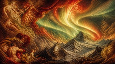 a flowing aurora over snowy peaks, wide sweeping composition, no people, no text