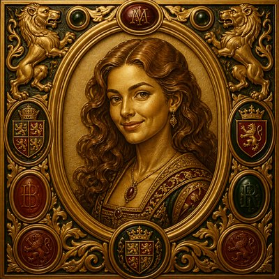 head-and-shoulders portrait of an original character: a young woman with wavy chestnut hair and a warm smile, plain soft backdrop
