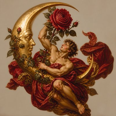 a rose entwined with a crescent moon, clean balanced composition on a plain background, no text