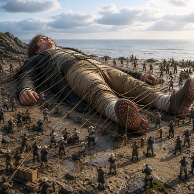 Gulliver tied down by the little people of Lilliput