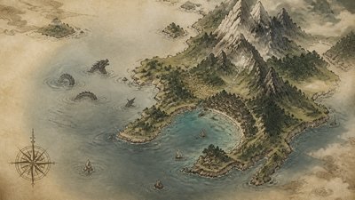 a map of an island realm with mountains, forests, a sheltered bay, sea monsters in the water and a compass rose, no text labels