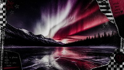 a sweeping aurora over a frozen lake, no people