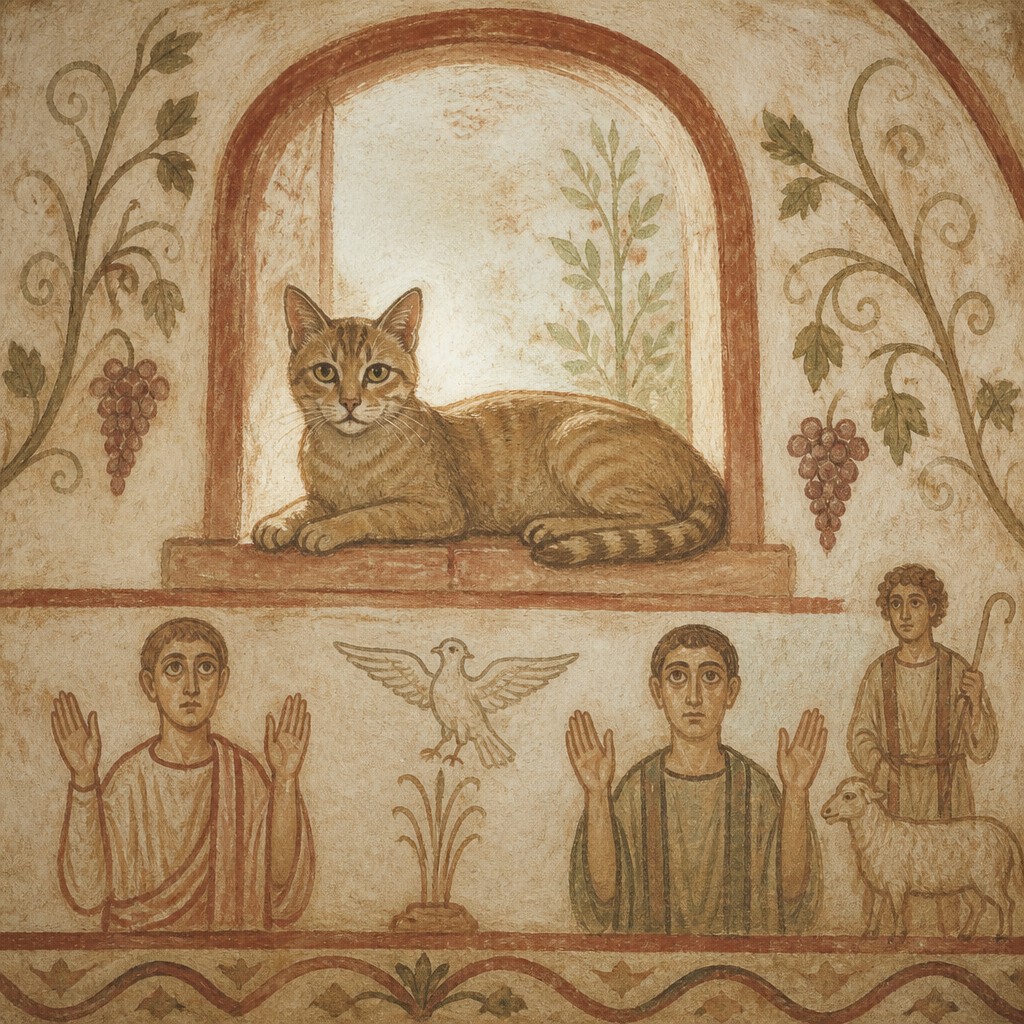 a cat lounging in a sunlit window — Early Christian Art Style