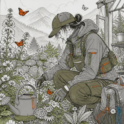 a garden scene with butterflies, flowers and a watering can, clean uncolored line art, no text