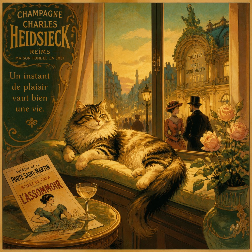 a cat lounging in a sunlit window — Belle Époque Art Style