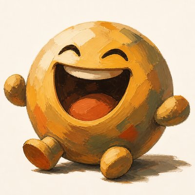 an exaggerated laughing face of an original round mascot character, bold and readable at small size, plain background, no text
