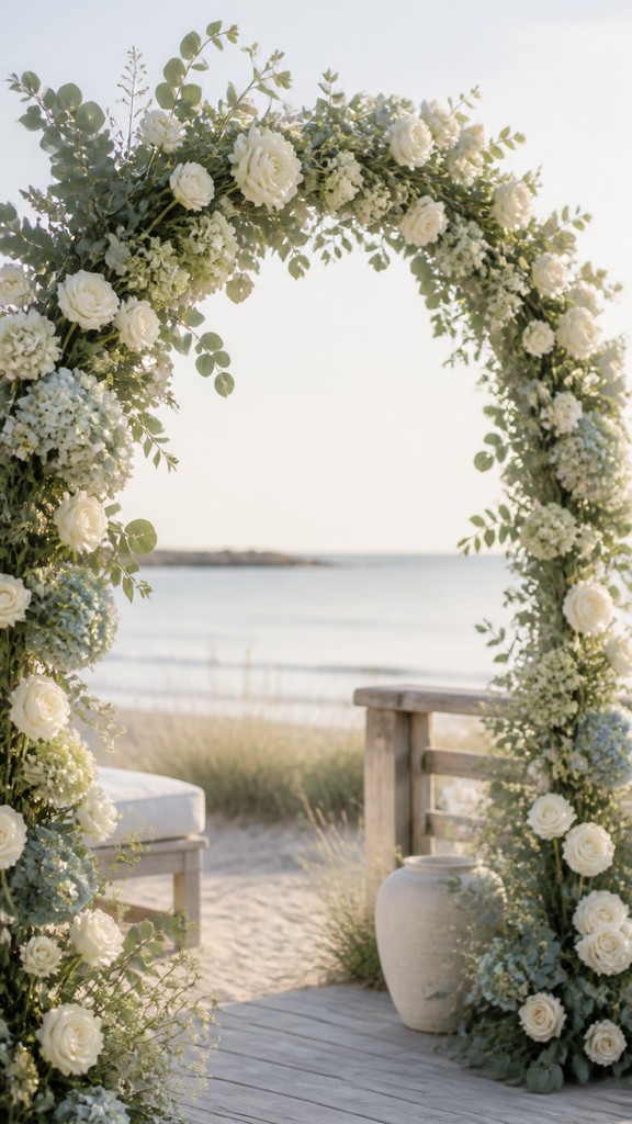 an arch of white roses and eucalyptus in soft morning light, elegant vertical composition with open space, no text