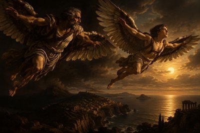 Daedelus and Icarus spreads their wings and feet as they fly over sea and land