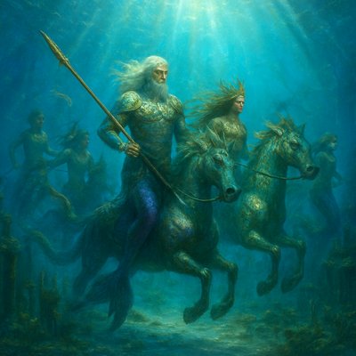 Golden Age Fantasy Illustration Style, Painterly Realism, Crystalline Underwater Photography Aesthetic. A stunning view looking straight down through impossibly clear, glassy ocean water, as if peering over the edge of a ship. Below, on the white sand seabed, are the seaweed-covered ruins of a sunken, ancient civilization.

The Merpeople: A royal hunting party of Narnian Mermen and Mermaids are riding through the submerged streets. They are not gentle, fairy-tale creatures, but possess a wild, fierce majesty. They ride side saddle tails aside their large, powerful, scaled hippocamps (mythical sea-horses). 

Key Figures & Details: The Mer-King, with flowing white hair and a stern expression, wears armor crafted from iridescent pearl and abalone shells, brandishing a long spear tipped with gold. His powerful tail is deep amethyst. A fierce Mer-Queen rides beside him, her colors shimmering emerald and gold. Smaller merfolk follow, shaking spears.

Lighting & Atmosphere: Bright shafts of sunlight pierce the deep water, illuminating the underwater dust motes and making the scales of the merfolk and their mounts sparkle intensely. The mood is silent, ancient, and awe-inspiring.