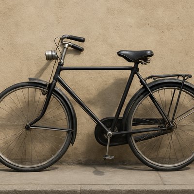 bicyle resting against a wall