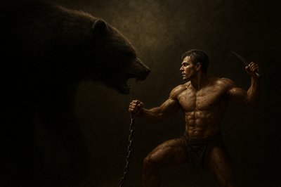 a painting of a man and a bear